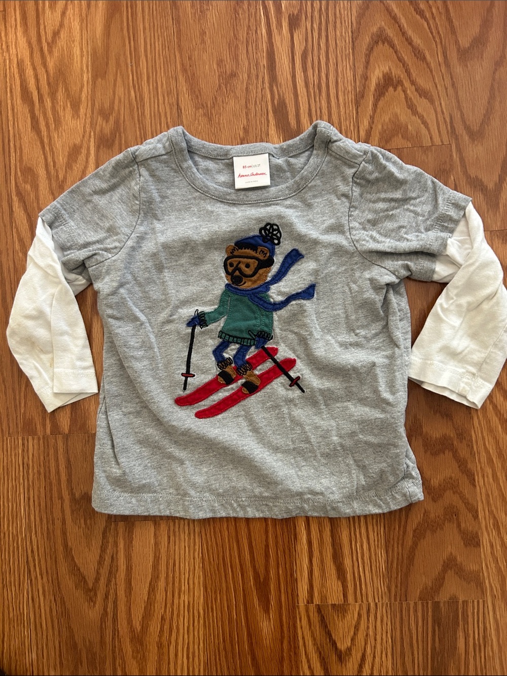 Hanna Andersson Gray & White Skiing Bear Layered Look Long Sleeve Tee